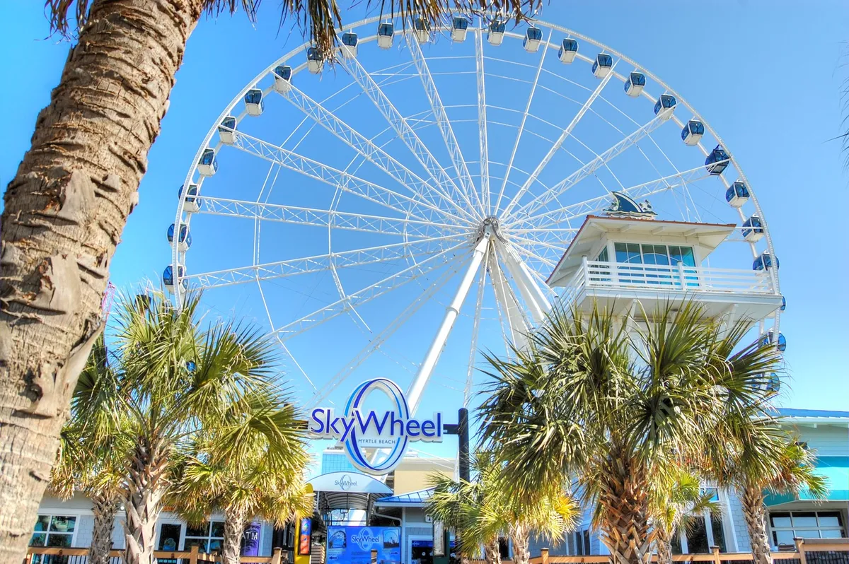 This vibrant exterior shot shows the SkyWheel, framed by palm trees and the entrance sign, surrounded by groups of people enjoying the festive setting along the boardwalk.